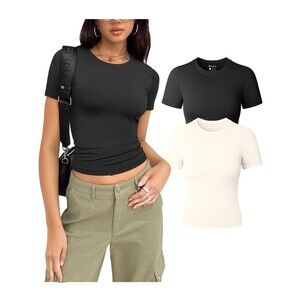OQQ Basic Tops Size Large 2 Piece Crew Neck Short Sleeve Fitted Slimming Shirts